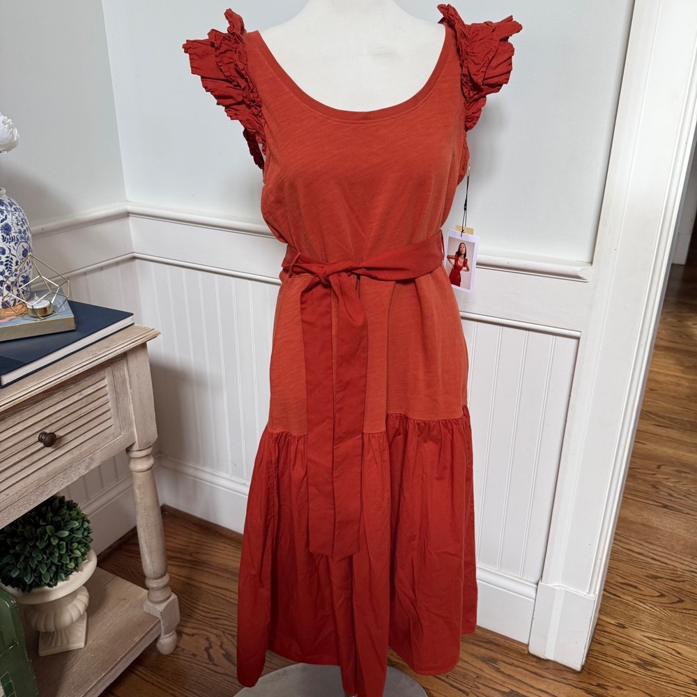 NWT Nation LTD Womens Burnt Orange Ruffle Sleeve Tiered Cotton Midi Dress Large